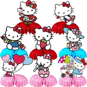 8Pcs Hello Kitty Theme 3D Double Side Honeycomb Centerpieces Table Toppers,Cartoon Birthday Party Decorations Supplies for kids.