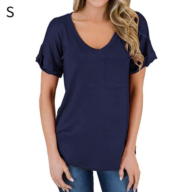 Camiseta de mujer con cuello en V, manga corta, bolsillo, blusa, top casual de verano, azul marino, S seitruly AP001345-11