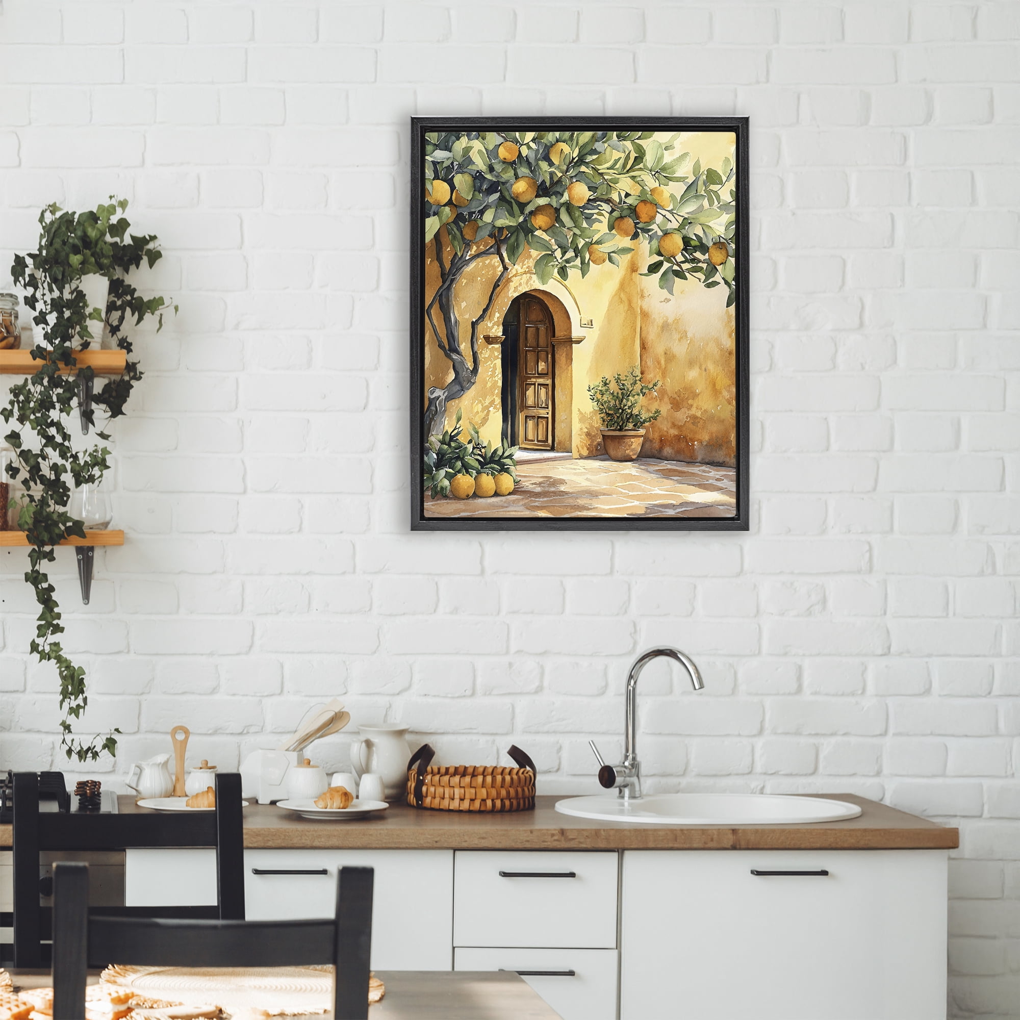 Stupell Industries Mediterranean Courtyard Lemon Tree Black Framed Floater Canvas Wall Art, design by LSR Design Studio