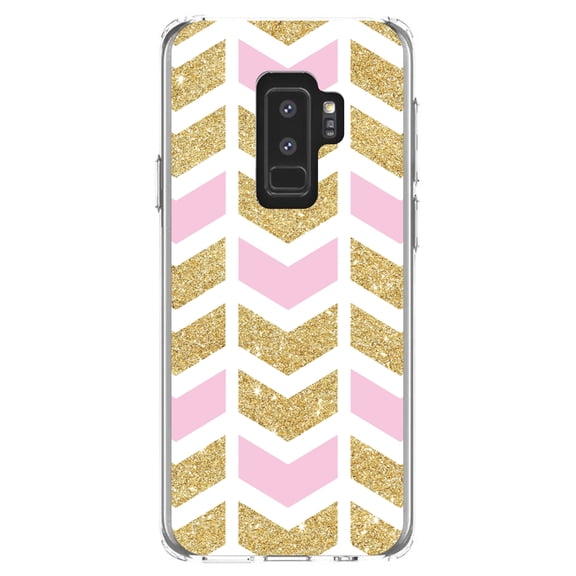 DistinctInk Clear Shockproof Hybrid Case for Samsung Galaxy S9  PLUS (6.2" Screen) - TPU Bumper, Acrylic Back, Tempered Glass Screen Protector - Pink & Gold Print - Random Chevron Pattern