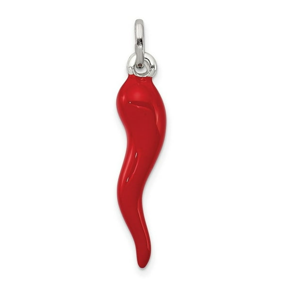 925 Sterling Silver Polished Red Enamel Italian Horn Pendant Necklace 33x7mm Wide Pendant for Women