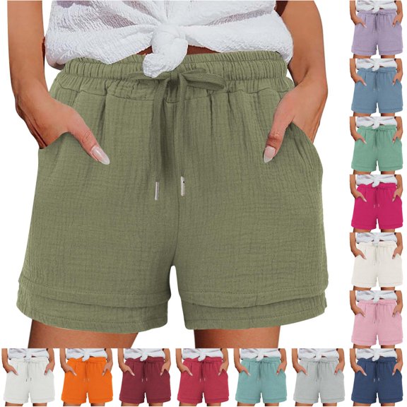 XIAONU Womens Solid Layered Shorts Drawstring Waist Side Pockets Shorts