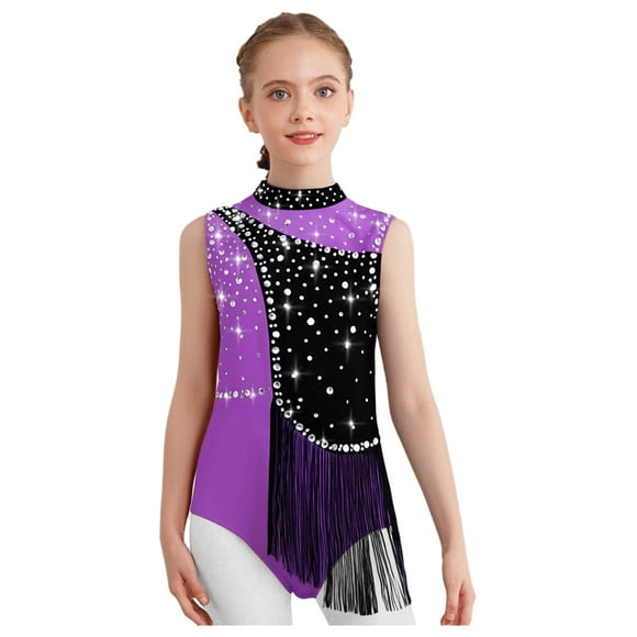 Hansber Justaucorps de Gymnastique Sans Manches pour Filles, Ballerines Scintillantes avec Diamants, Vêtements de Danse Athlétiques, Violet 14