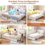 Double Twin Bed Frame for 2, Metal Corner Bed Frame with Storage Bookcase Divider & LED Lights & Charging Station, Daybed with Headboard and 2 Drawers, Twin Size Platform Beds for Teens, White