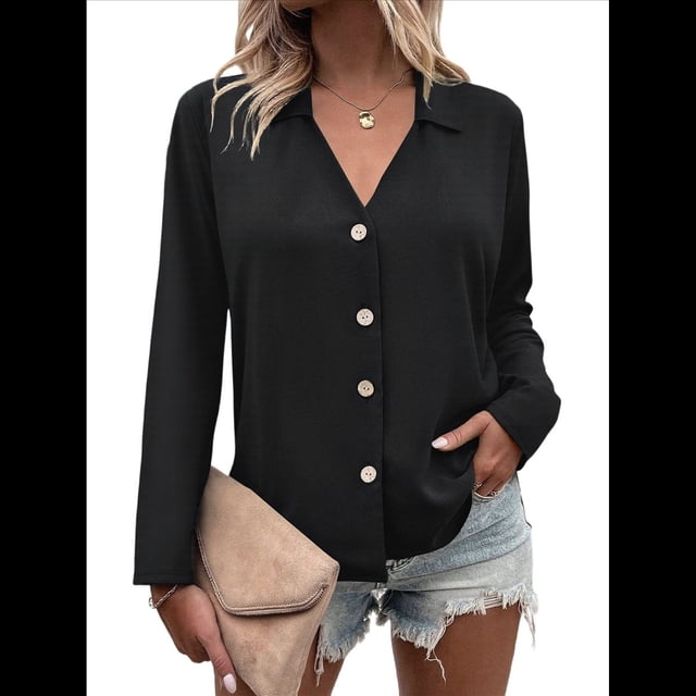 Camisetas de Mujer con Botones, Mangas 3/4, Cuello en V, Camisetas Casuales de Verano para Mujer Negro M