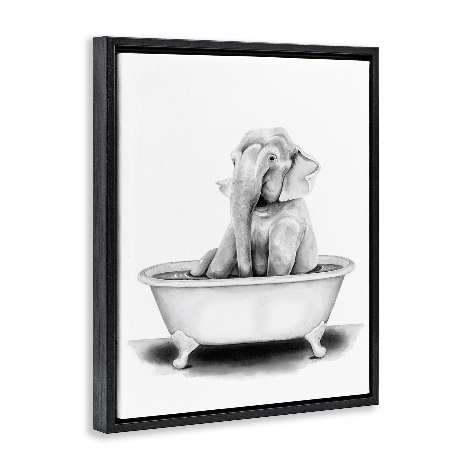 Stupell Industries Elephant In A Tub Funny Animal Bathroom Drawing Jet Black Framed Floating Canvas Wall Art, 24x30, by Rachel Neiman