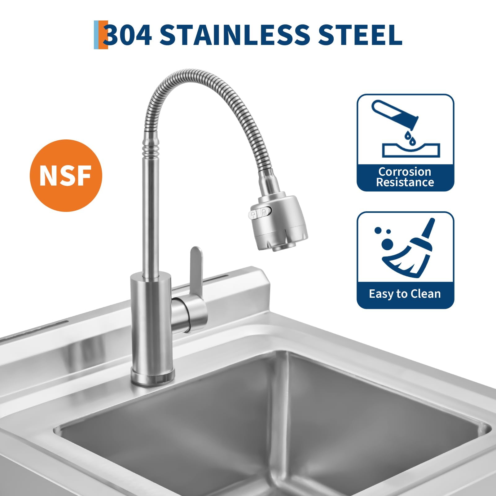 Freestanding Stainless Steel Utility Sink 16.8"x12.8"x7.6" Single Bowl with Adjustable Legs, 360° Swivel Hot & Cold Faucet