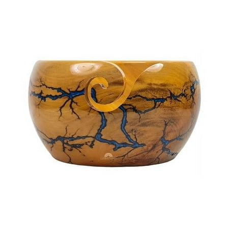 Haldina Wood Crafted Lichtenberg Figure Yarn Bowl - Yarn Holder for Crochet and Knitting Functional Art for Knitters and Crocheters 7x4 Inch Blue