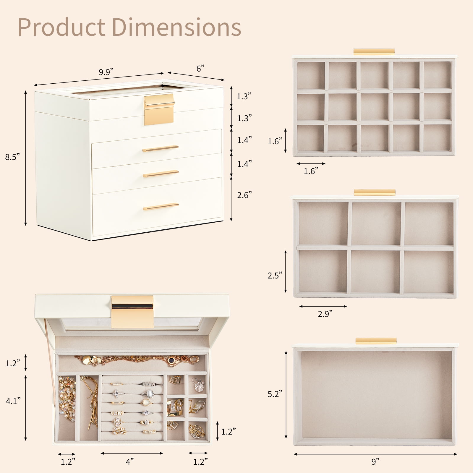 2-Drawer Jewelry Box White Jewelry Organizer with Pink Velvet Lining & Clear Top Lid Compact Storage White