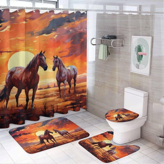 Abstract Horse Shower Curtain Sets for Bathroom, 4 Pieces Nature Flower Tree Landscape Bathroom Decor Set Waterproof Shower Curtains with 12 Hooks Toilet Lid Rug and Bath Mat, Style-4