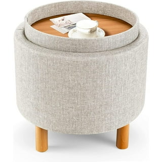 Round Ottoman Foot Rest Stool, Small Fabric Footstool with Non-Skid Wood Legs, Beige Corrigan Studio