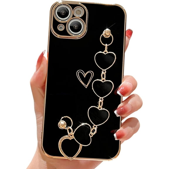 Compatible with iPhone 14 Plus Case Cute Sparkling with Light Heart Bracelet Plating Protect The Camera Soft TPU Apply to iPhone 14 Plus Case Ladys, Girls and Women（Black）