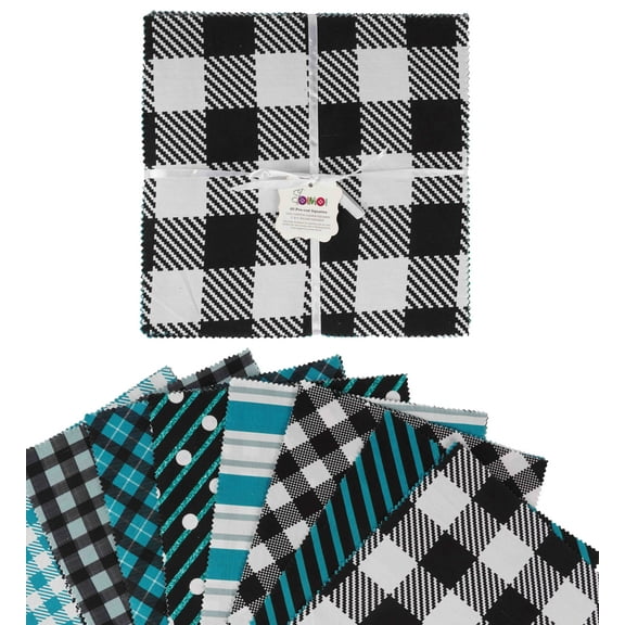 Soimoi Checks & Stripes PrintPrecut 5-inch CottonFabricQuiltingSquaresCharm Pack DIY Patchwork Sewing Craft- Blue & Black