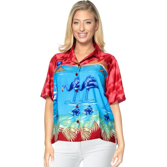 HAPPY BAY Button Down Shirt for Women Casual Summer Beach Party Blouse Shirt Blouses Short Sleeve Tropical Vacation Button up Dress Hawaiian Shirts for Women M Blue Flamingo, Red