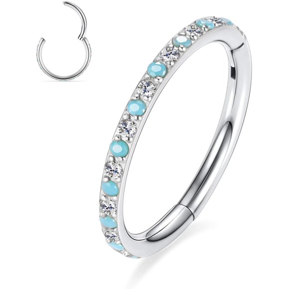 Hinged Hoop Ring 20G 18G 16G 5/6/7/8/9/10/12mm Opal Surgical Steel Conch Daith Rook Cartilage Tragus Helix Earrings Septum Clicker Ring Nose Piercing Jewelry Silvery Clear CZ&Light Turquoise