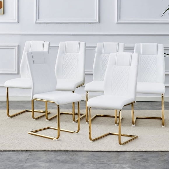 Set of 4 Modern White PU Leather Dining Chairs with Gold Metal Legs & Mesh Backrest – Elegant Kitchen Seating