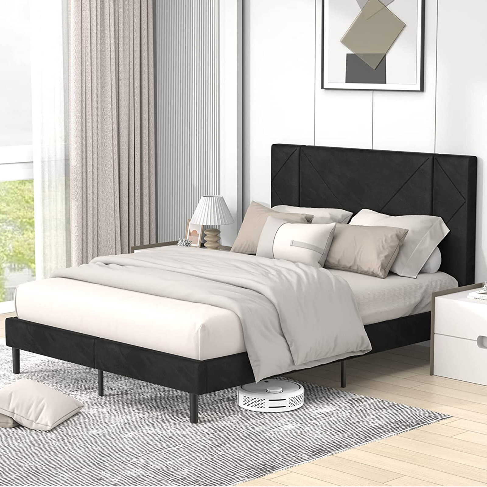 uhomepro Modern Black Velvet Upholstered Platform Bed Frame with