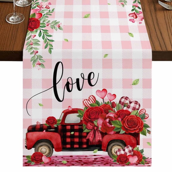 Table Runners 60 Inches Long Dress Scarves, Valentine's Day Farmhouse Kitchen Table Runner, Small Coffee Tablerunners, Red Truck Roses Love Leaves Pink Plaid 13x60 Inch