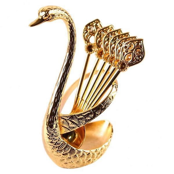 Lazsy 2X Metal Dinnerware Set Swan Base Holder and 6 Spoons for Stir Ice Cream Golden