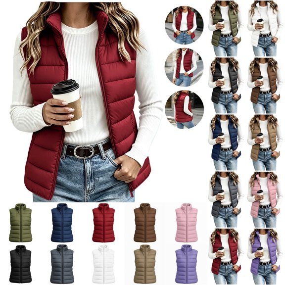 Otntypg Women's Quilted Puffer Vest Lightweight Sleeveless Puffy Jacket Casual 2026 Winter Thick Warm Padded Gilet Outerwear Full Zip up Stand Collar Windproof Outdoor Coat with Pockets