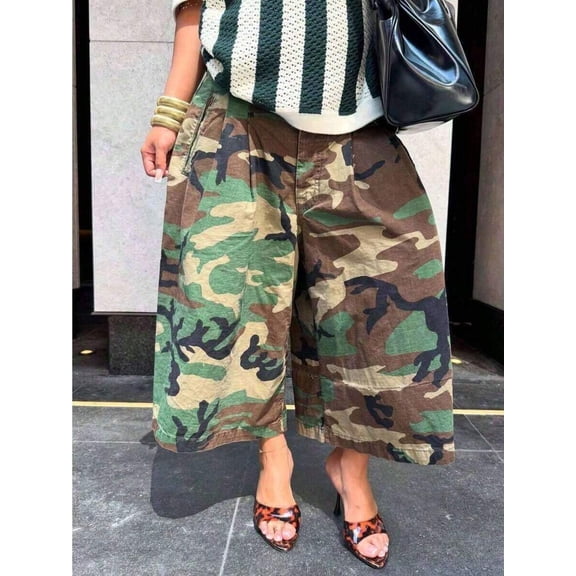 Women's Camo Wide-Leg Jeans High Waisted Baggy Denim Pants Y2K Streetwear Cargo Trousers With Pockets