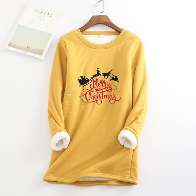 Hauts Chauds pour Femmes, Mode Décontractée d'Hiver, sous-Couche en Peluche Chaude, Pull Imprimé de Noël, Manches Longues, Col Rond, Tenues de Vacances à la Plage pour Femmes en Liquidation