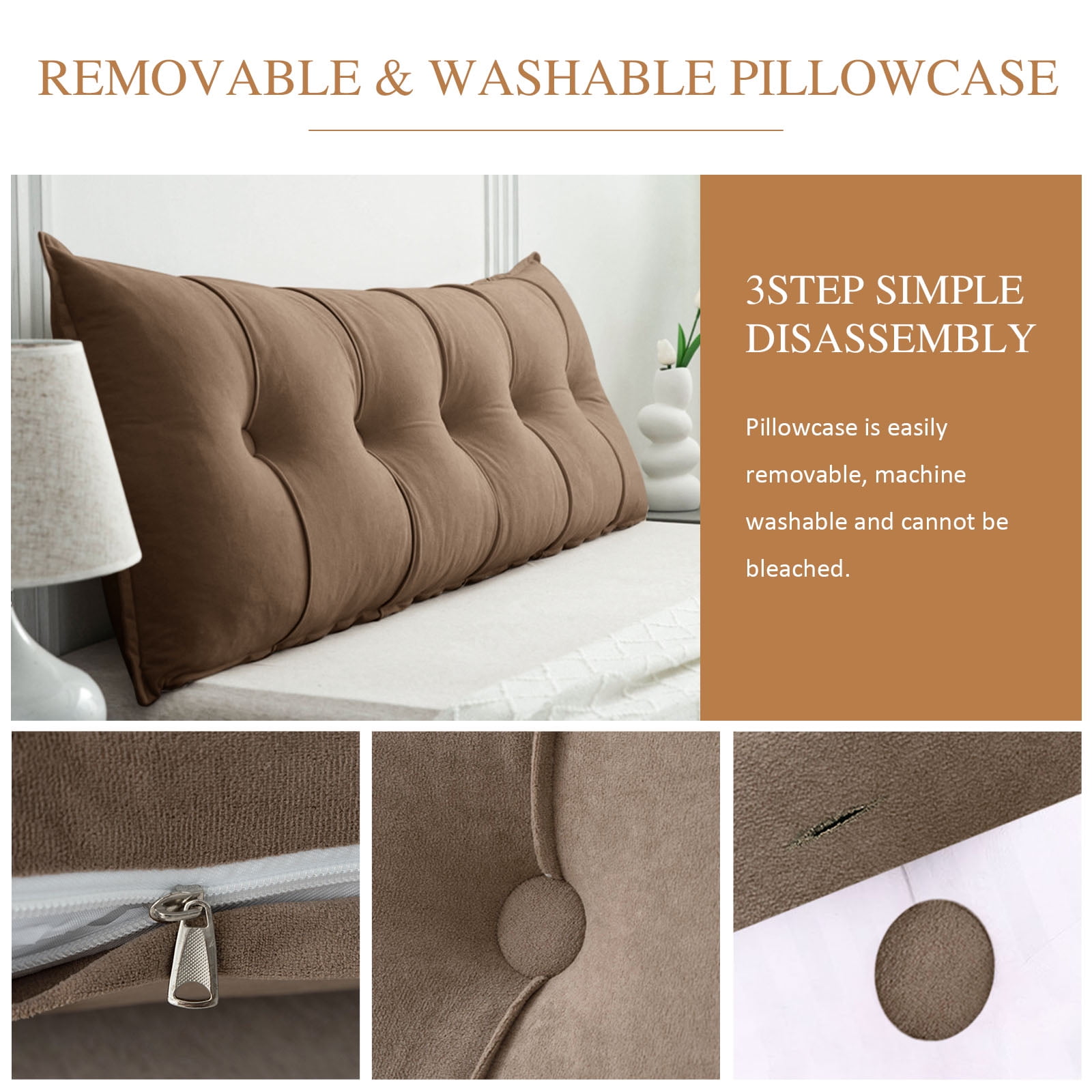 Desirable Life Headboard Pillow Wedge Pillow Bed Gap Filler Body Positioner Backrest Reading Bolster - Premium Chenille Fabric, Pearl Cotton Filling, Removable Cover (40" x 17.7" x 5.9", Camel)