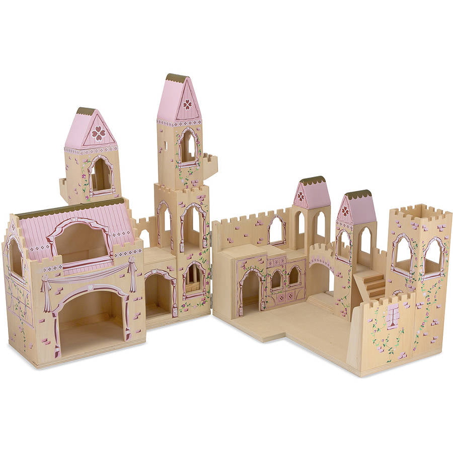 melissa & doug folding princess castle wooden dollhouse with drawbridge and turrets