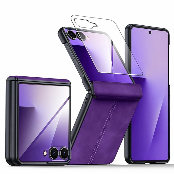 ELEHOLD Hinge Protection PU Leather Flip Cover Phone Case with Built-in Screen Protector for Samsung Galaxy Z Flip8,Purple