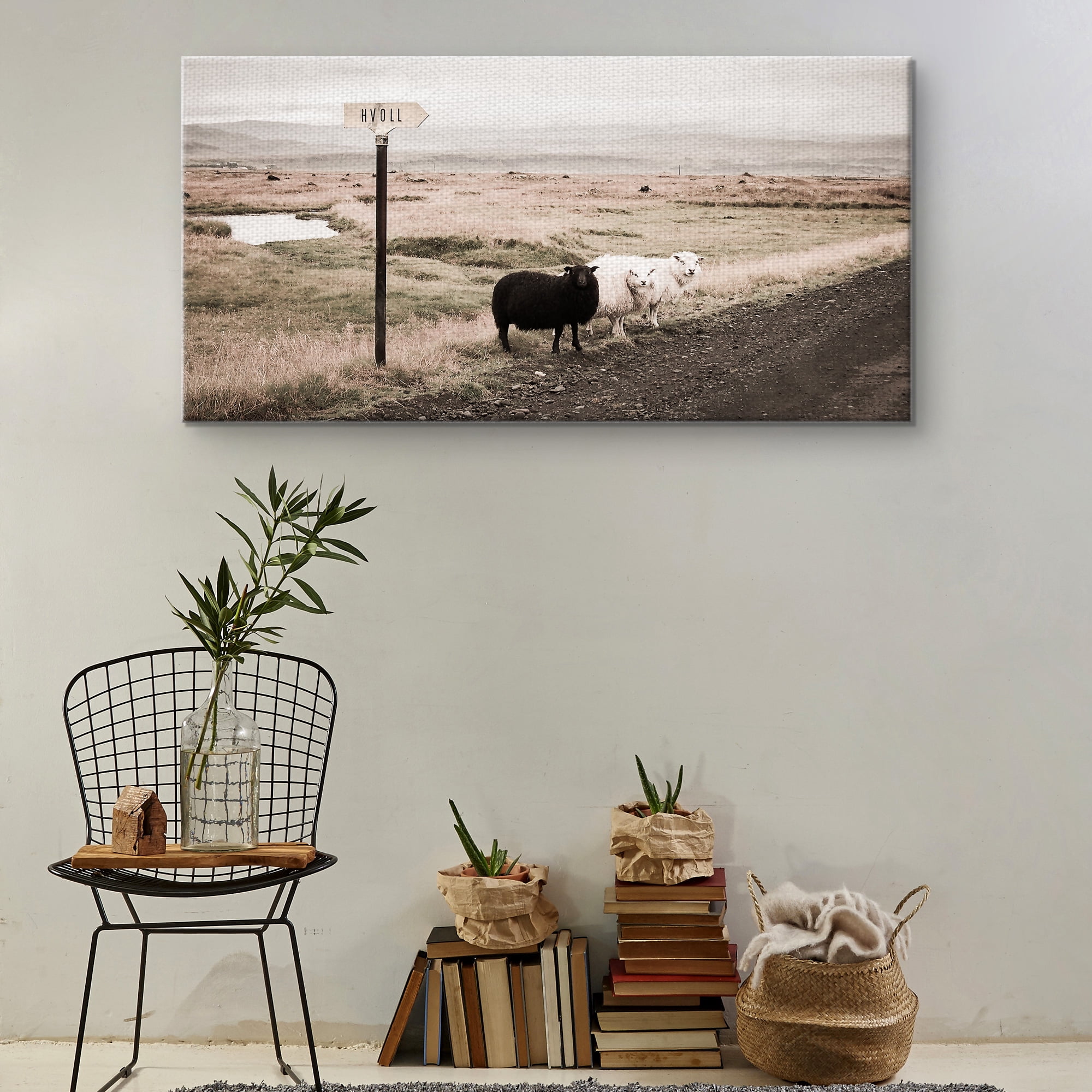 Masterpiece Art Gallery Black Sheep on the Roadside by Topich Canvas Art Print 24" x 48"
