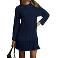 thumbnail image 3 of Robe Chandail en Tricot Torsadé pour Femmes, Col Ras du Cou, Manches Longues, Mini-Robe Plissée, Style Deux-en-un, Robe Patchwork, Bleu Marine, P, 3 of 8