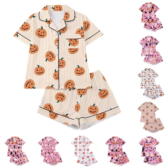 JAJAHO Halloween Pajamas Women 2 Piece Pj Set Spooky Season Matching Button Shirt With Shorts