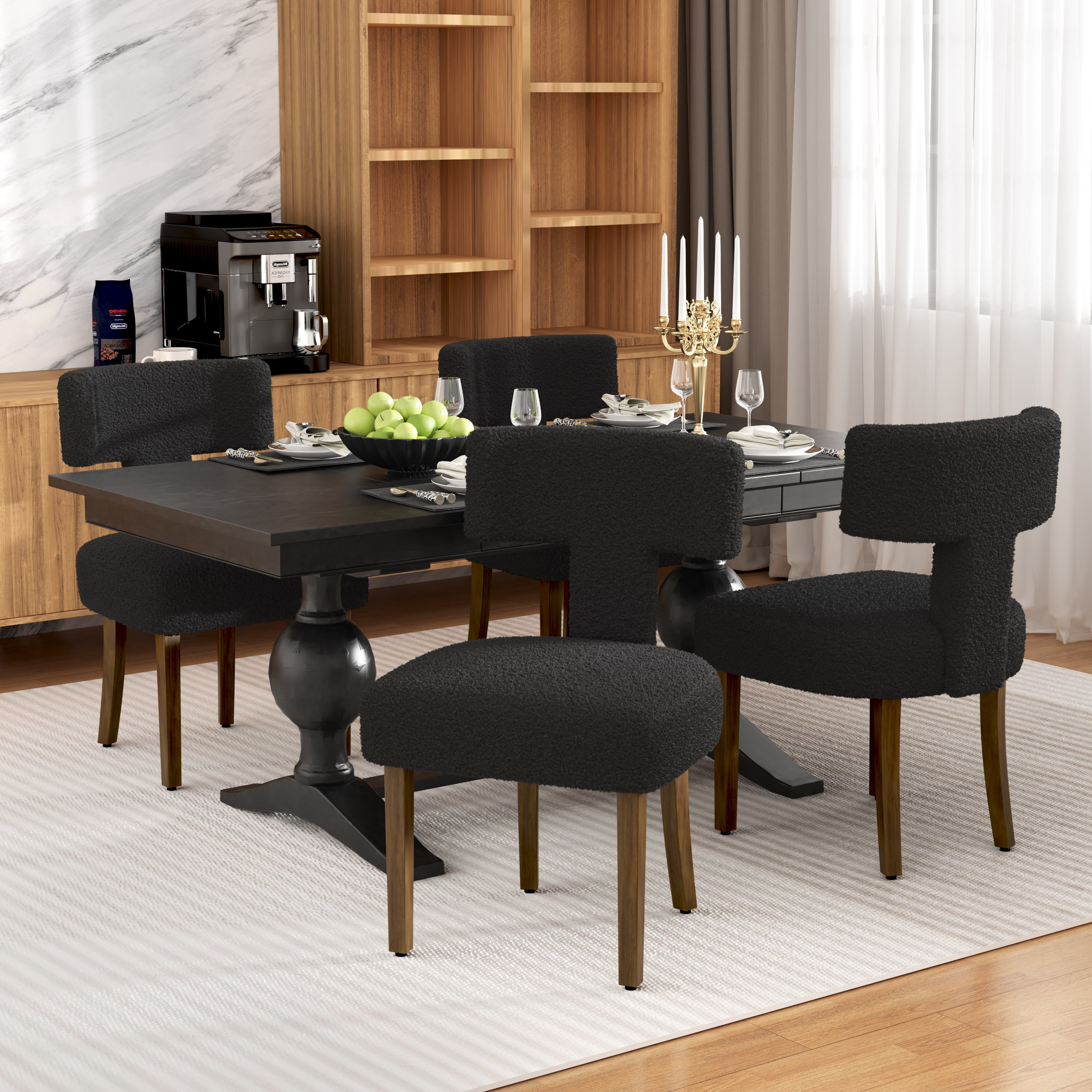 DONICK T-Shape Back Upholstered Dining Chairs Set of 2,Lambswool Fabric Modern Wooden Armless Side Chair for Dining Room Kitchen Living Room Bedroom(Black)