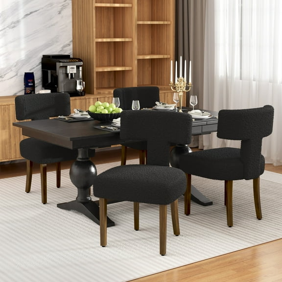 DONICK T-Shape Back Upholstered Dining Chairs Set of 4,Lambswool Fabric Modern Wooden Armless Side Chair for Dining Room Kitchen Living Room Bedroom(Black)