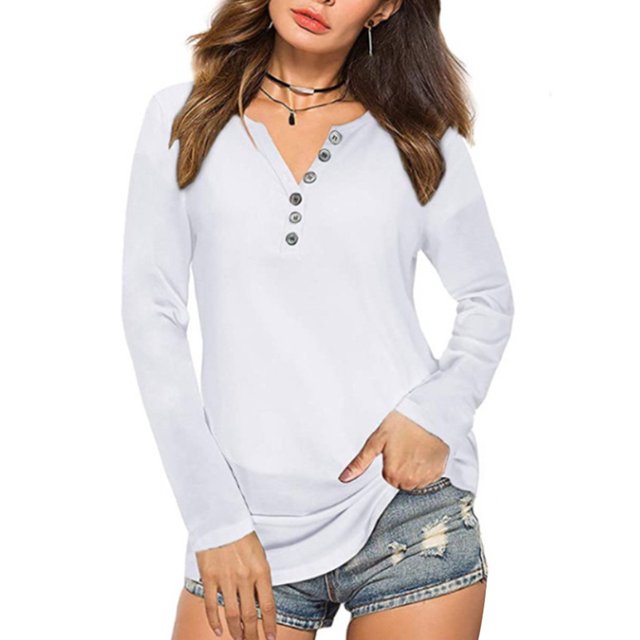 Túnica de mujer con cuello en V y botones Henley Camisas de manga larga sueltas pulóver Tops camiseta blusa de salón para mujer