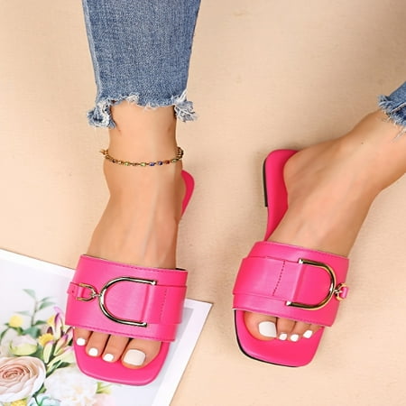

Women‘s Square Toe Slippers Metal Buckled Decor Open Toe Solid Color Slides Women‘s Indoor & Outdoor Flat Shoes