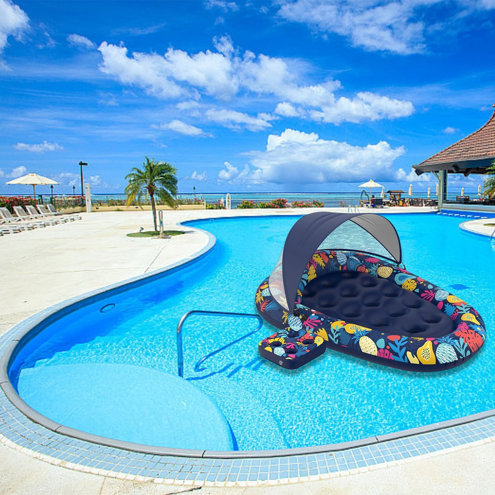 3-in-1 Inflatable Pool Float with Canopy and Cup Holder, Adult Pool Lounger Raft for Swimming Pools, Lakes and Beaches, for Relaxation and Pool Parties