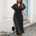 thumbnail image 3 of QLEICOM Women Short Sleeve Vintage Dress Summer Casual Swing Long Dresses Daily Party Beach Dress Boho Printed V-Neck Flowy Maxi Dress Beach Sundress with Belt Black S, 3 of 6