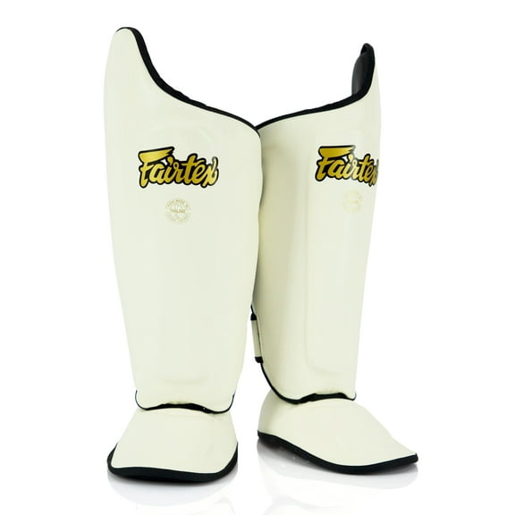 Espinilleras Fairtex SP8 Muay Thai Syntek de piel blanca