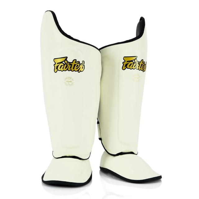 Espinilleras Fairtex SP8 Muay Thai Syntek de piel blanca