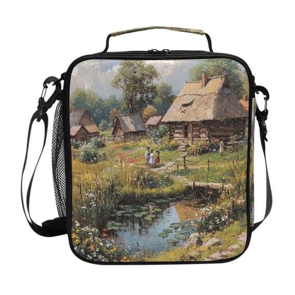 Square Lunch Bag 10.5*3.5*9.5 Inches Cooler Bag Lunch Bag Insulation Portable Durable Fashion Beautiful Mountain Village