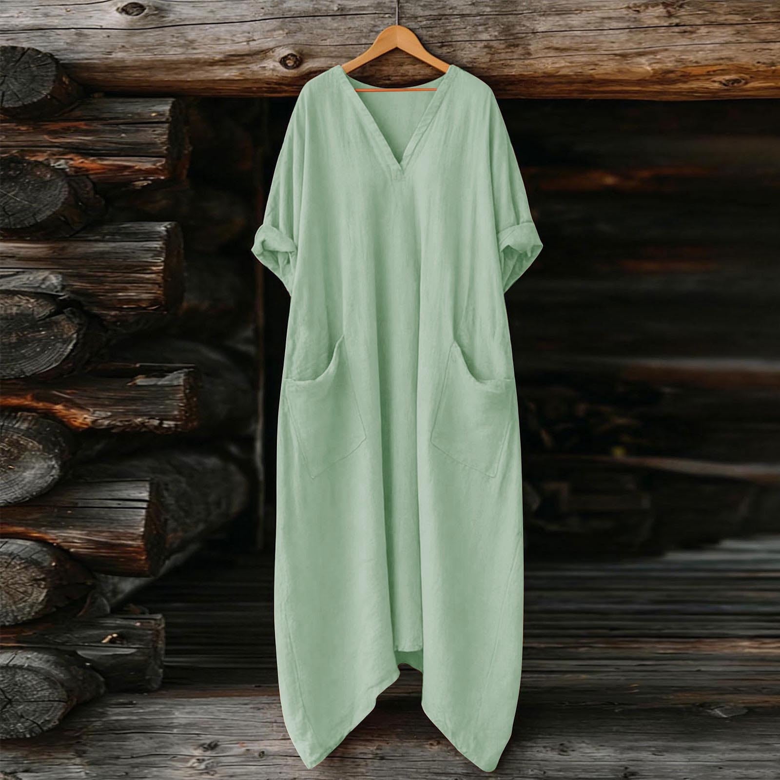 Dresses for Women, Womens Casual Loose Cotton Linen Long Shirt Dress, V-Neck Cuffed Sleeve Side Split Dresses with Pockets