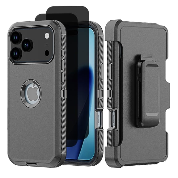 Hotpom for iPhone 17 Pro Case with Belt Clip 2 Pack Privacy Screen Protector Complete Body Tough Shockproof And Dustproof Protective Cover, Black