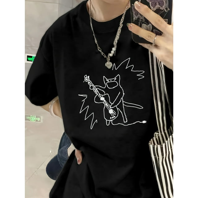 T-Shirt Graphique pour Femmes Inspiré de Y2k avec Chat Guitariste - T-Shirt Décontracté à Manches Courtes, Coupe Ample, Col Rond, Essentiel d'Été, Lavable en Machine, Chemise Guitariste