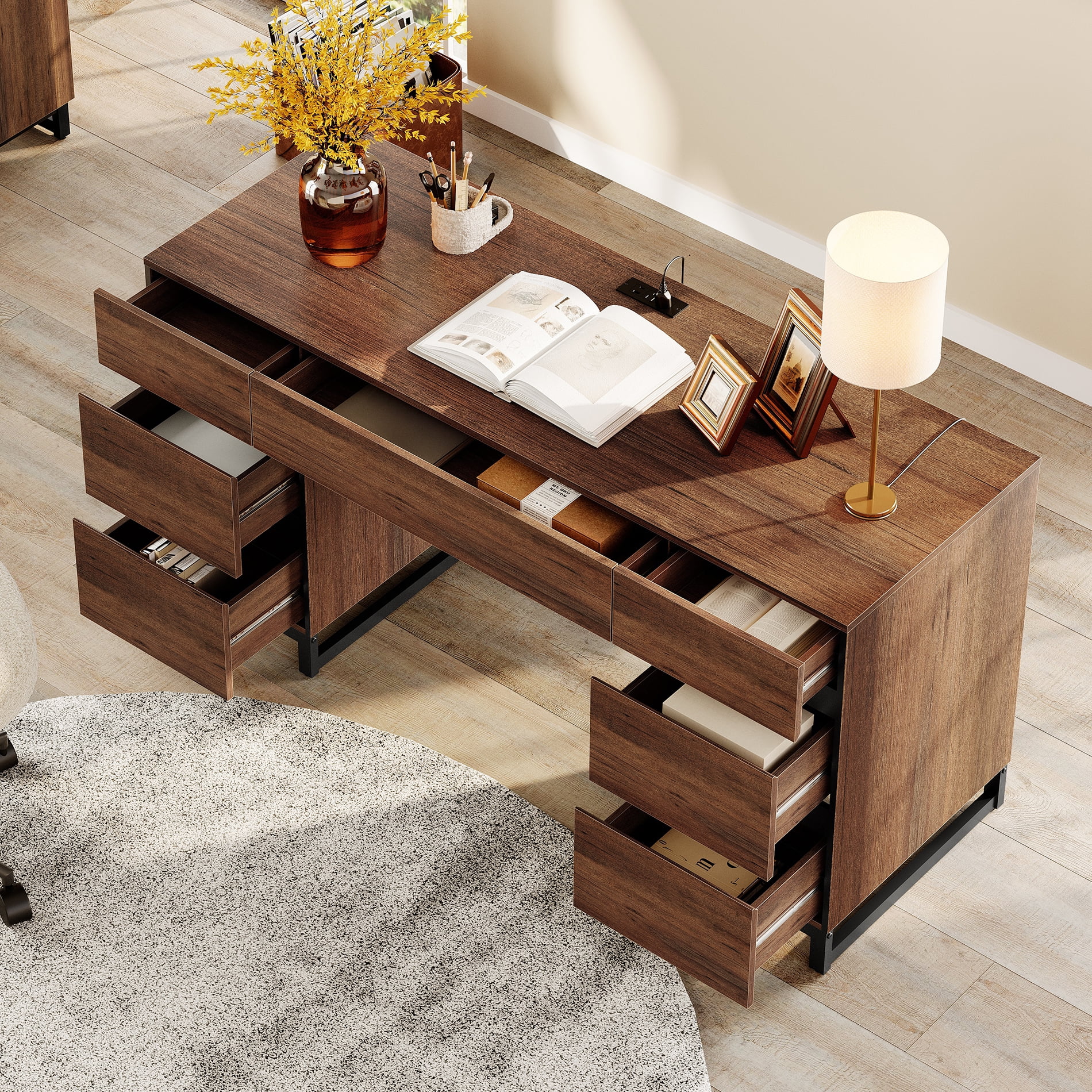 WAMPAT 59" Rustic Brown Modern Executive Desk with Drawers & Charging Station, Wood Computer Writing Desk with File Drawer, Study Table for Bedroom, Living Room & Home Office