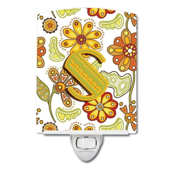 Letter S Floral Mustard and Green Ceramic Night Light