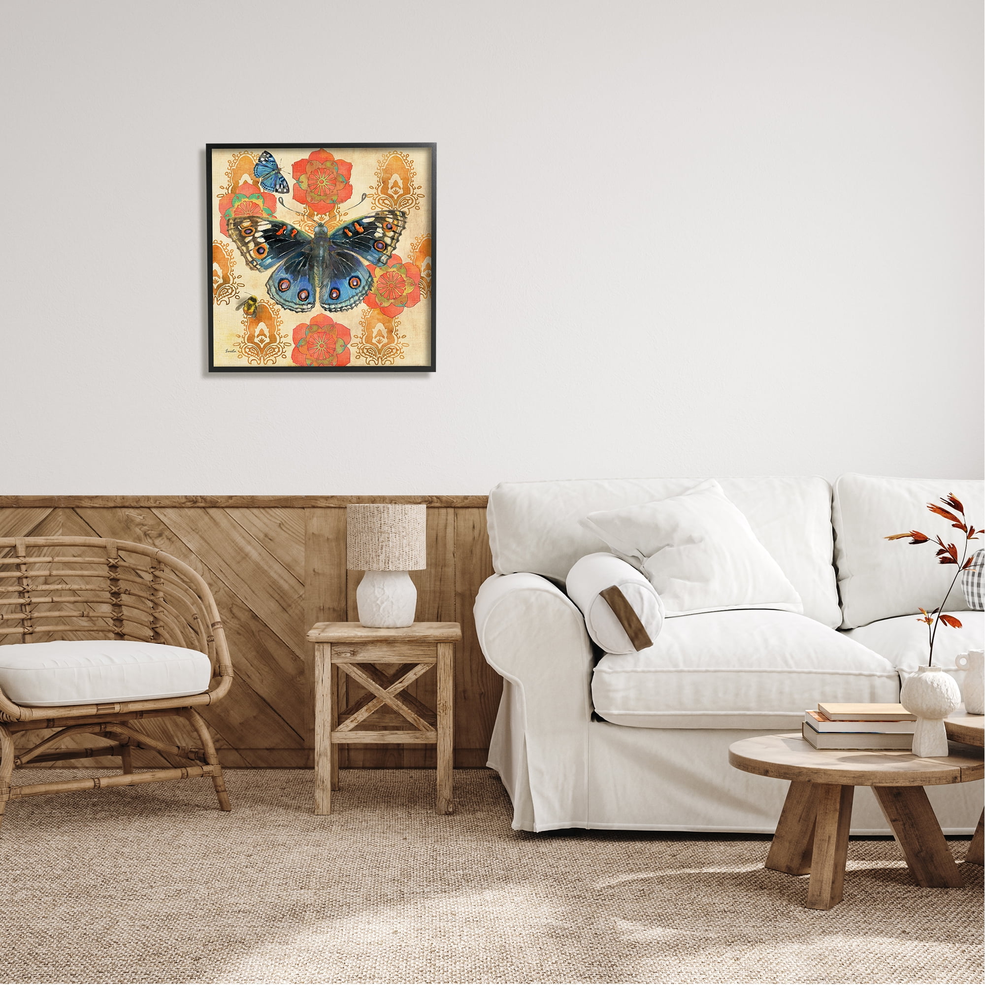 Stupell Butterfly Damask Floral Shapes Animals & Insects Painting Black Framed Art Print Wall Art