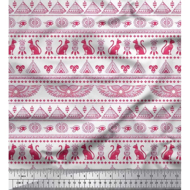 Soimoi Moss Georgette Fabric Cat,Pyramids & Wings Egyptian Print Sewing Fabric Yard 42 Inch Wide