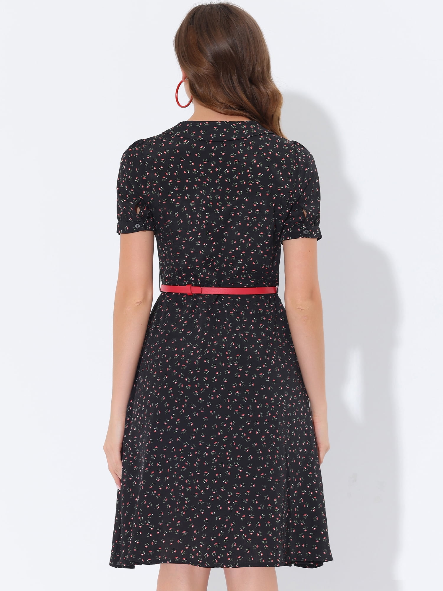 DARING DIVA Peter Pan Collar Tie Neck Elegant Floral Dress with Belt M Black