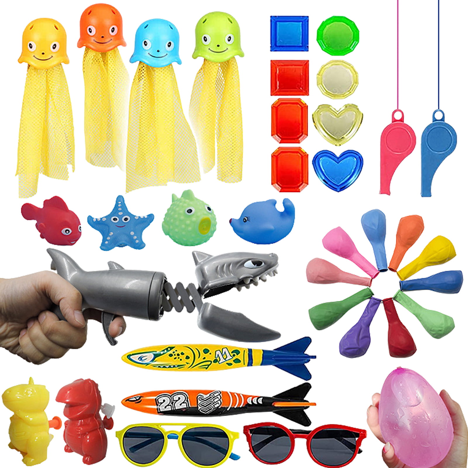 19PCS Underwater Swimming Diving Pool Toys 4 Dive Rings Summer Under Water Pool Training Toys Treasures Gift Set Bundle 3 Stringy Octopu 8 Jewel Gem Treasure Weighted Dive Toy 4 Toypedo Bandits 